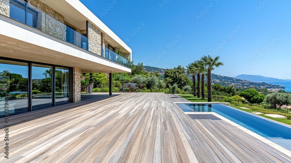 A modern villa with a wooden deck, swimming pool, and lush landscape under a clear blue sky. A modern villa with a wooden deck, swimming pool, and lush landscape under a clear blue sky.