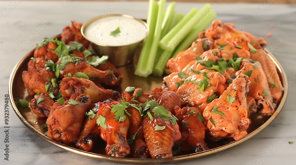 Platter of spicy buffalo wings served with a side of ranch dressing and celery sticks perfect for a food party Platter of spicy buffalo wings served with a side of ranch dressing and celery sticks perfect for a food party