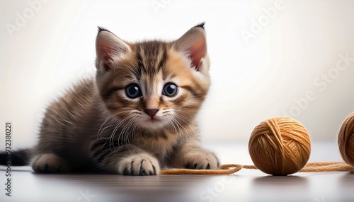 Kitten playing with a ball of yarn