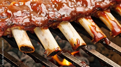 Rack of barbecued pork ribs glazed with a sticky sauce and ready to be devoured at a summer barbecue photo