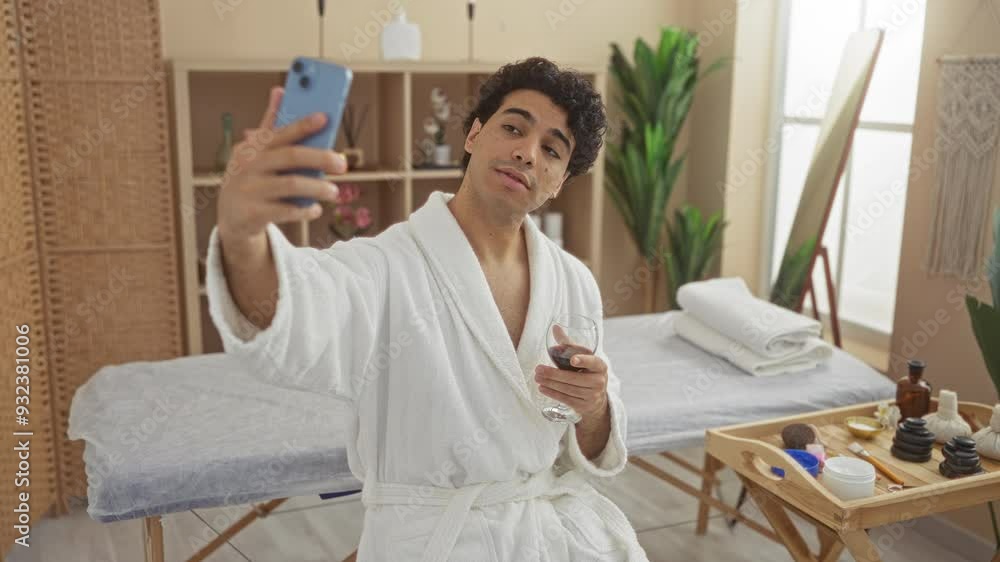 Young man in a spa salon taking a selfie with his phone while holding a glass of wine, surrounded by wellness items in an indoor setting Young man in a spa salon taking a selfie with his phone while holding a glass of wine, surrounded by wellness items in an indoor setting