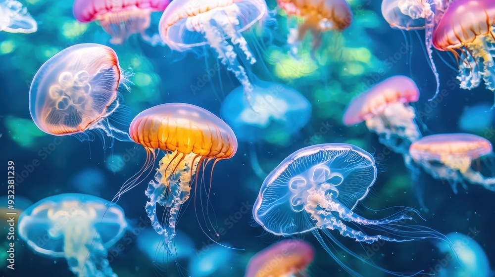 Colorful Jellyfish Swimming in Blue Water Colorful Jellyfish Swimming in Blue Water