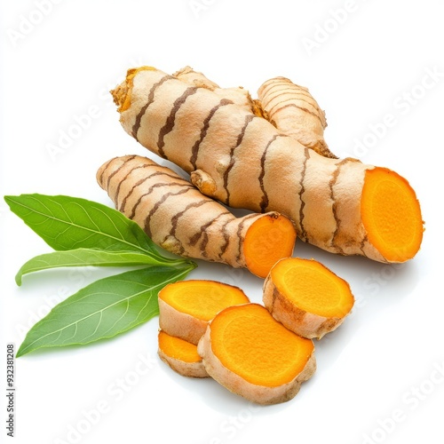 Close up of Turmeric (Curcuma longa Linn) rhizome (root) sliced with green leaves on an isolated white background