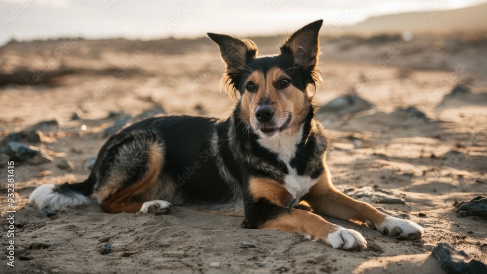 A dog laying on the ground in a sandy area, AI A dog laying on the ground in a sandy area, AI