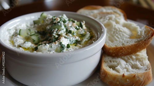 Refreshing bowl of cack a Turkish yogurt and cucumber dip served with a side of warm bread photo