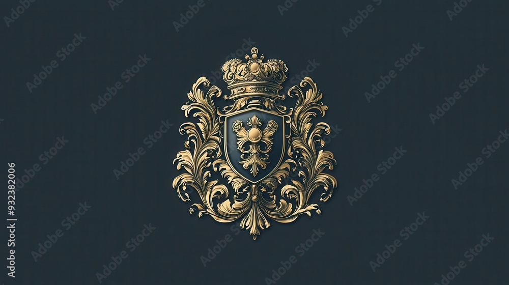 Golden Royal Crest with Crown and Shield on Dark Blue Background Golden Royal Crest with Crown and Shield on Dark Blue Background