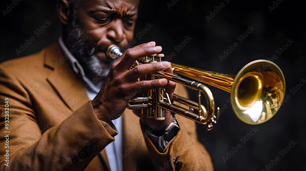 Obraz premium A man playing the trumpet with intense focus, set against a dark, moody background, wearing a brown jacket. 