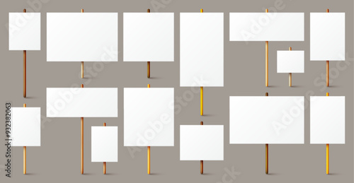 Blank white protest sign with wooden holder. Various realistic vector demonstration banners. Strike action cardboard placard mockup. Social advertisement. Vector illustration