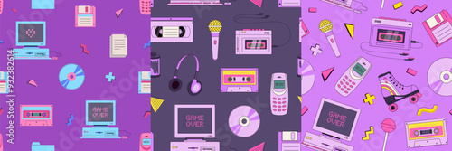 Set of retro cartoon 90s, y2k devises seamless pattern. Nostalgia 1990s. Vintage technologies background. Old pc, floppy disk, phone, audio cassette, player, microphone