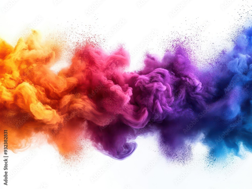 exploding cloud of vibrant holi powder multicolored particles suspended in air creating abstract patterns against pure white background exploding cloud of vibrant holi powder multicolored particles suspended in air creating abstract patterns against pure white background