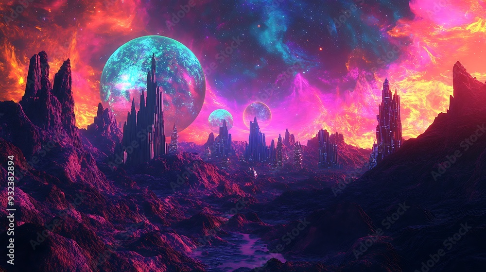 A vibrant alien landscape with towering rock formations, a glowing river, and three celestial bodies in a fiery sky. A vibrant alien landscape with towering rock formations, a glowing river, and three celestial bodies in a fiery sky.