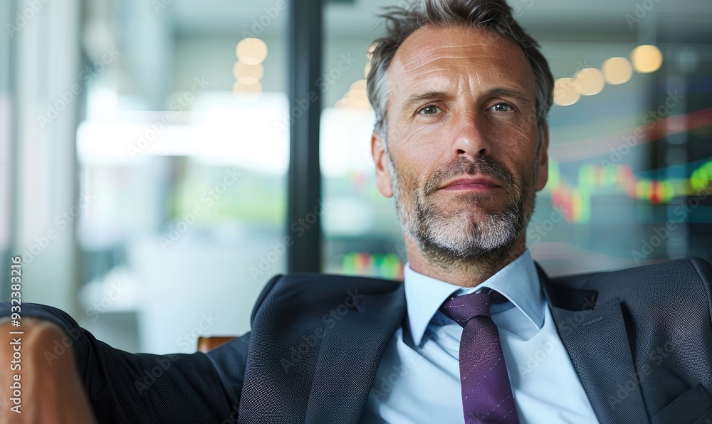 Wealthy Businessman in Suit Sitting with Trading Charts Background Wealthy Businessman in Suit Sitting with Trading Charts Background