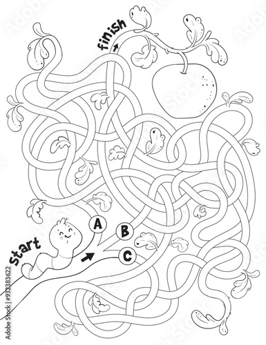 Children logic game to pass the maze. Help caterpillar through labyrinth. Educational game for kids. Attention task. Choose right path. Funny cartoon character. Worksheet page. Coloring book