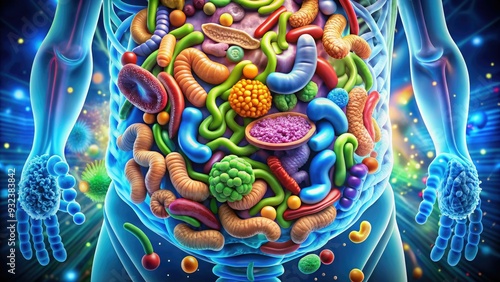 Illustration of the human gut microbiome, depicting a colorful, stylized intestinal tract surrounded by diverse microorganisms, highlighting the importance of gut health and balance. photo