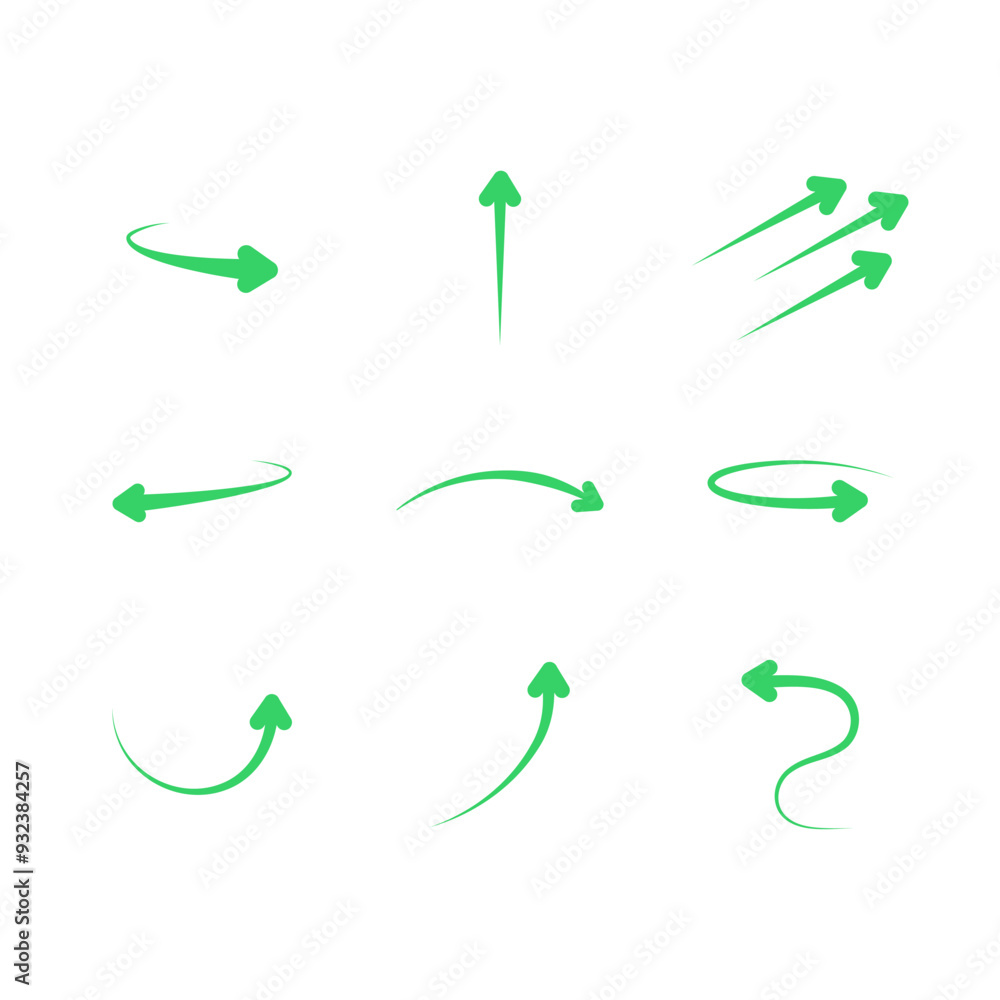 Green arrows set. Flat decorative vector design isolated illustration on white background. Green arrows set. Flat decorative vector design isolated illustration on white background.