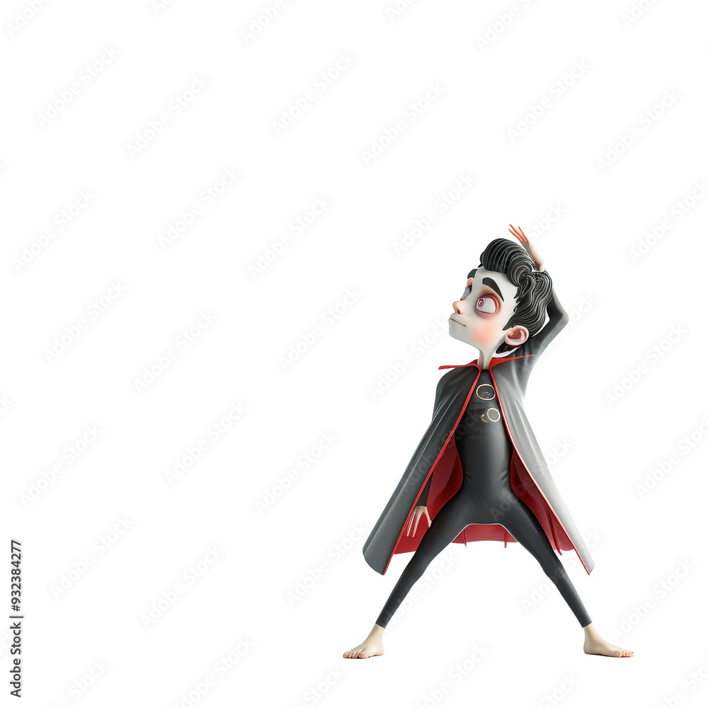Cute cartoon vampire character standing with a cape, looking up. 3D illustration of a fantasy character in a Halloween theme. Cute cartoon vampire character standing with a cape, looking up. 3D illustration of a fantasy character in a Halloween theme.