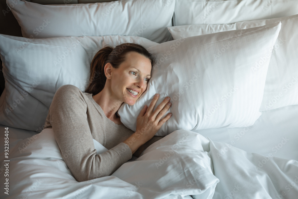 happy smiling woman waking up in the morning happy smiling woman waking up in the morning