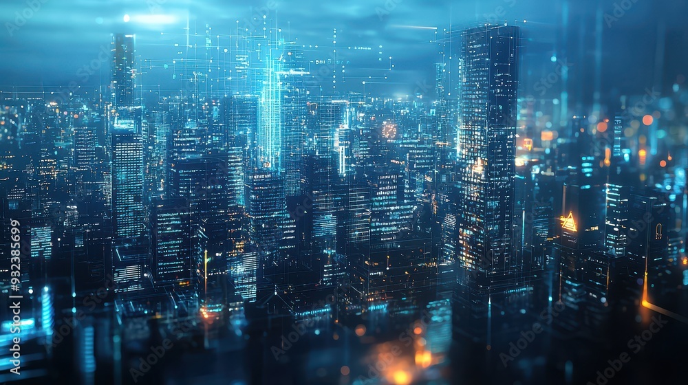 Futuristic Cityscape with Digital Network Overlay at Night Futuristic Cityscape with Digital Network Overlay at Night