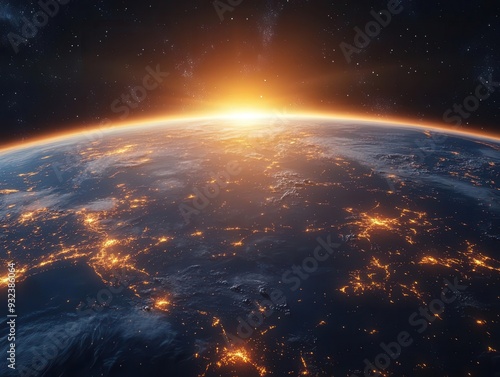 aweinspiring view of earth from space city lights glowing through wispy clouds curvature of the planet visible against the vast darkness of the cosmos