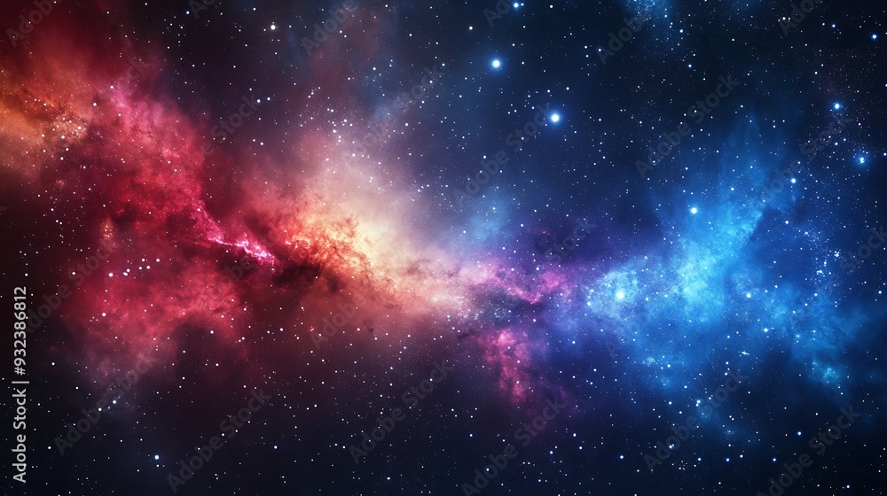 Obraz premium A vibrant nebula, glowing with red, orange, blue, and purple hues against a backdrop of twinkling stars in a dark, infinite universe.
