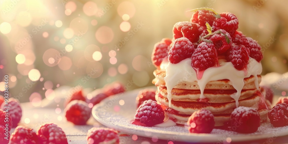 Fluffy Pancakes topped with Tangy Sour Cream and Fresh Raspberries Fluffy Pancakes topped with Tangy Sour Cream and Fresh Raspberries