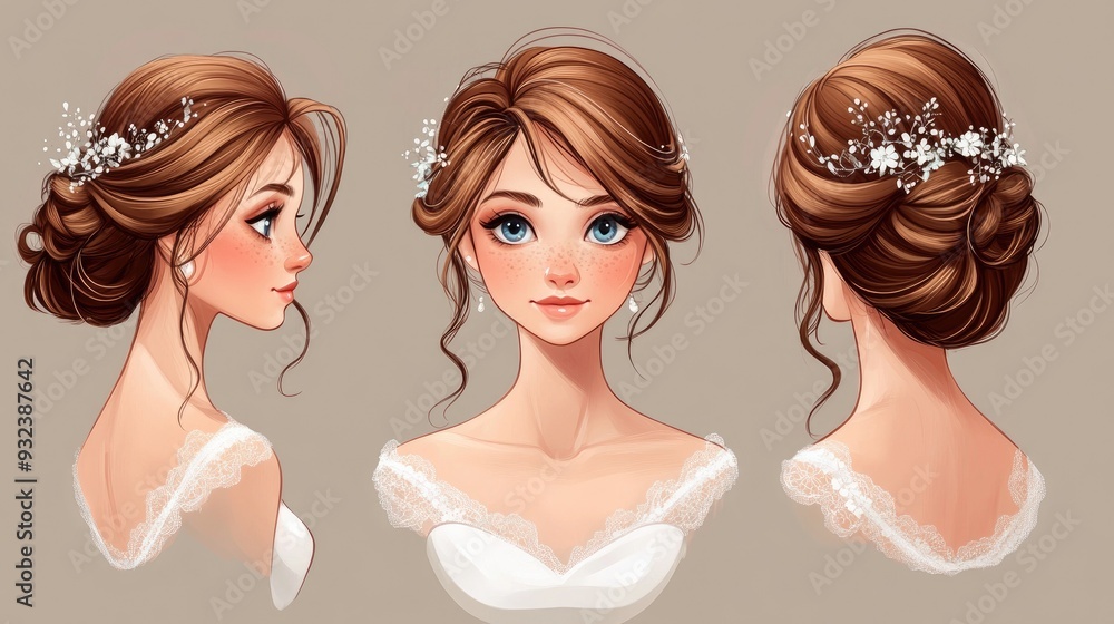 Lovely cartoon bride with elegant wedding hairstyle and makeup Lovely cartoon bride with elegant wedding hairstyle and makeup