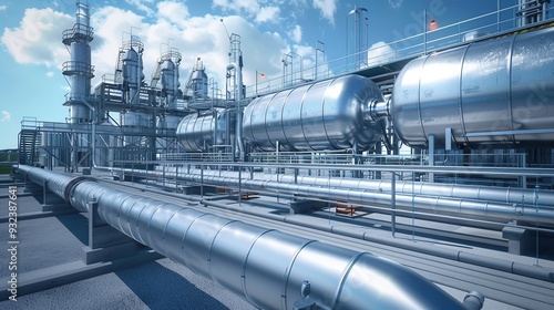 Industrial facility with large metallic tanks and pipelines under a blue sky.