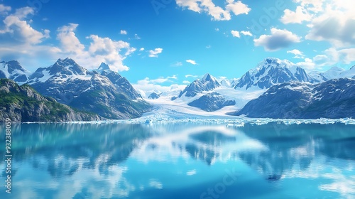 Stunning panoramic view of a serene glacial lake surrounded by snow-capped mountains under a clear blue sky.