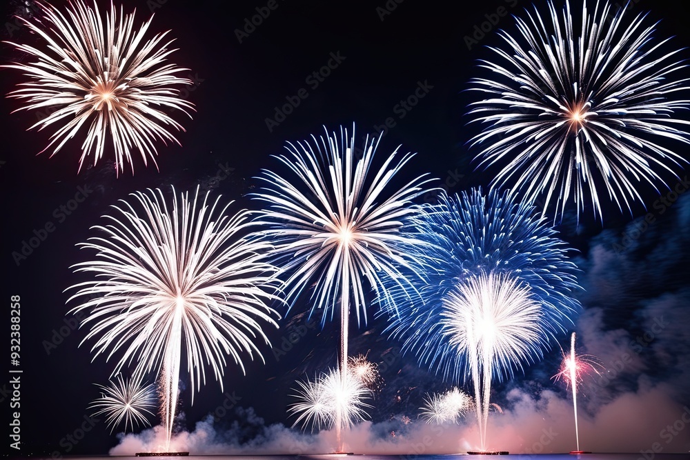 Fototapeta premium Radiant Blue and White Fireworks for New Year Celebration with Abundant Copy Space