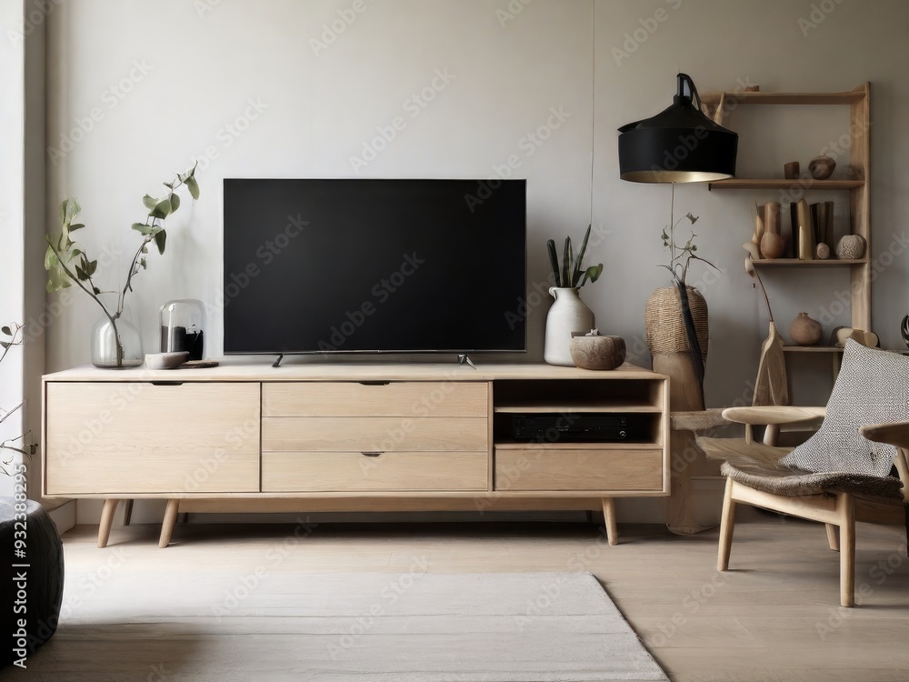 Fototapeta premium TV cabinet in a scandinavian decor living room