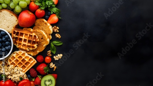 Wallpaper Mural Overhead shot of a gourmet breakfast spread with oatmeal, waffles, and various breads, placed on a dark background, studio lighting for crisp contrast, elegant and spacious layout. Torontodigital.ca