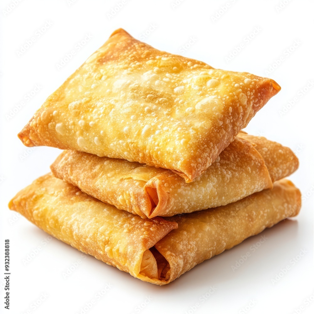 Close up of Stacking of egg rolls food on an isolated white background Close up of Stacking of egg rolls food on an isolated white background