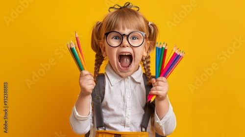 School child in glasses in school uniform holds colored pencils. Banner. emotional surprise face
