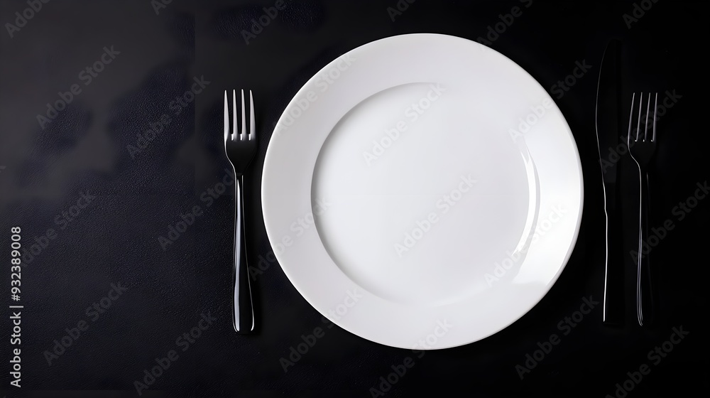 Top view of a clean white plate centered on a white table, fork and knife perfectly aligned on either side, stark black background, high-contrast studio lighting. Top view of a clean white plate centered on a white table, fork and knife perfectly aligned on either side, stark black background, high-contrast studio lighting.