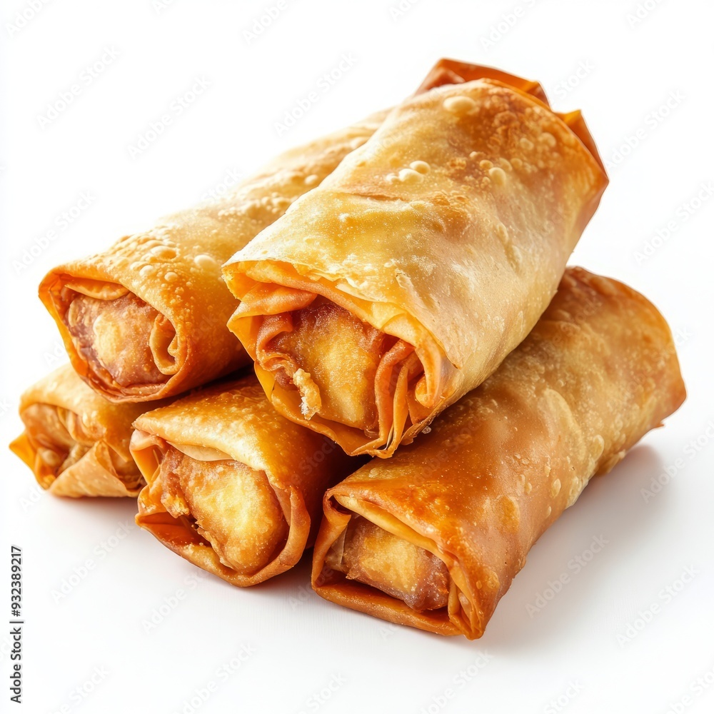 Close up of Stacking of egg rolls food on an isolated white background Close up of Stacking of egg rolls food on an isolated white background