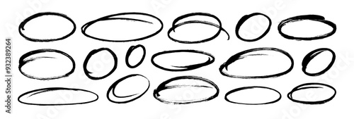 Brush drawn ellipses, ovals and bubbles to circle and highlight text. Handdrawn marker emphasis elements. Doodle style geometric round outline shapes. Vector ink illustration. Rough crayon circles.