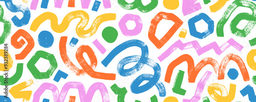 Colorful seamless banner design with curved bold lines, squiggles and swirls. Hand drawn doodle curly brush strokes.