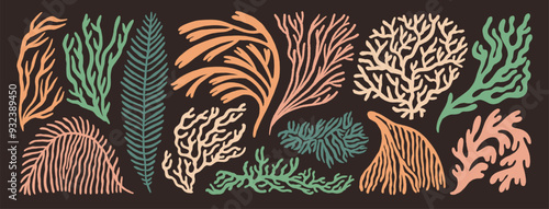 Aquarium, ocean and undersea seaweeds and corals icon set. Hand drawn minimal style branches and sea plants. Naive shapes curly seaweeds. Neutral colored retro style underwater plants. Funky fronds.