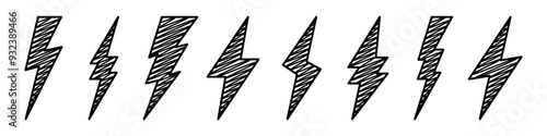 Hatched lightning bolt icons collection. Hand drawn flash symbol, thunderbolt. Simple lightning strike sign. Vector illustration
