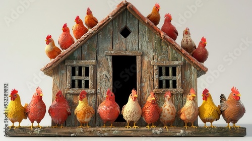 Barn filled with poultry isolated on white background representing classic farm life photo