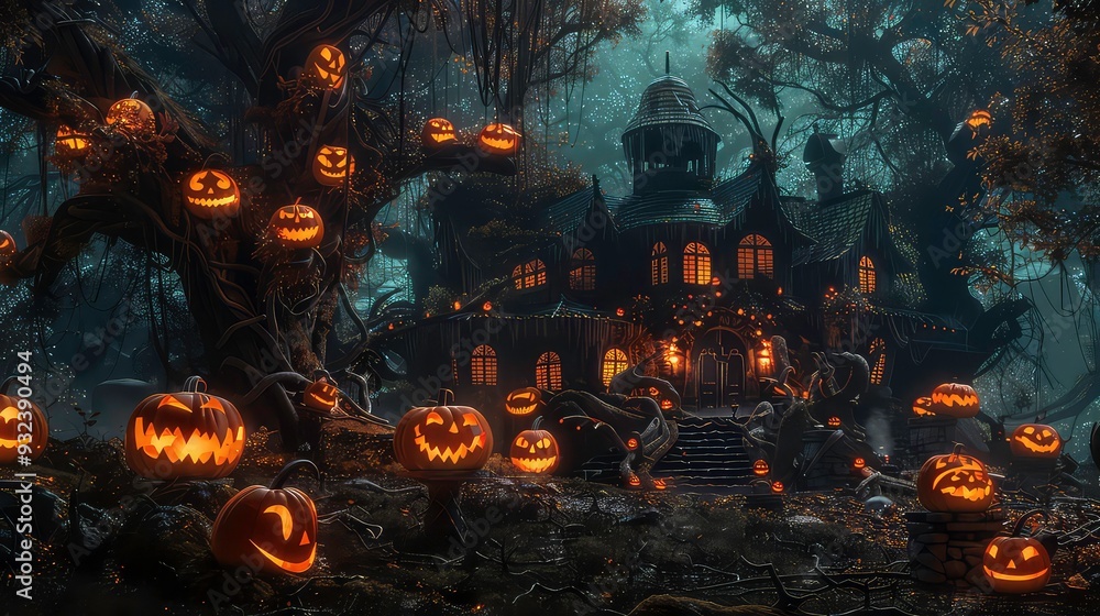 A spooky Halloween scene with a haunted house in a dark forest, lit by glowing jack-o'-lanterns. A spooky Halloween scene with a haunted house in a dark forest, lit by glowing jack-o'-lanterns.