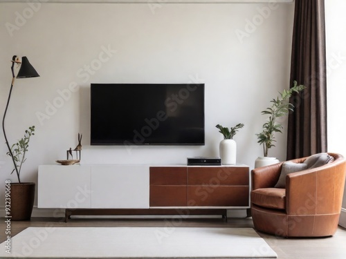 White wall mounted tv on cabinet in living room with leather sofa and minimal design