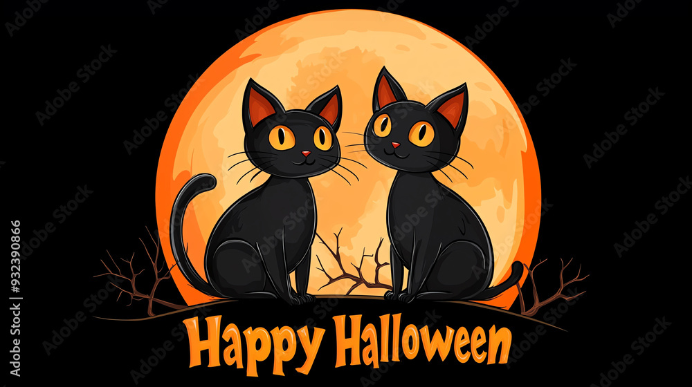 Two black cats sit side by side under a full moon, celebrating the spooky spirit of Halloween with playful charm. Two black cats sit side by side under a full moon, celebrating the spooky spirit of Halloween with playful charm.