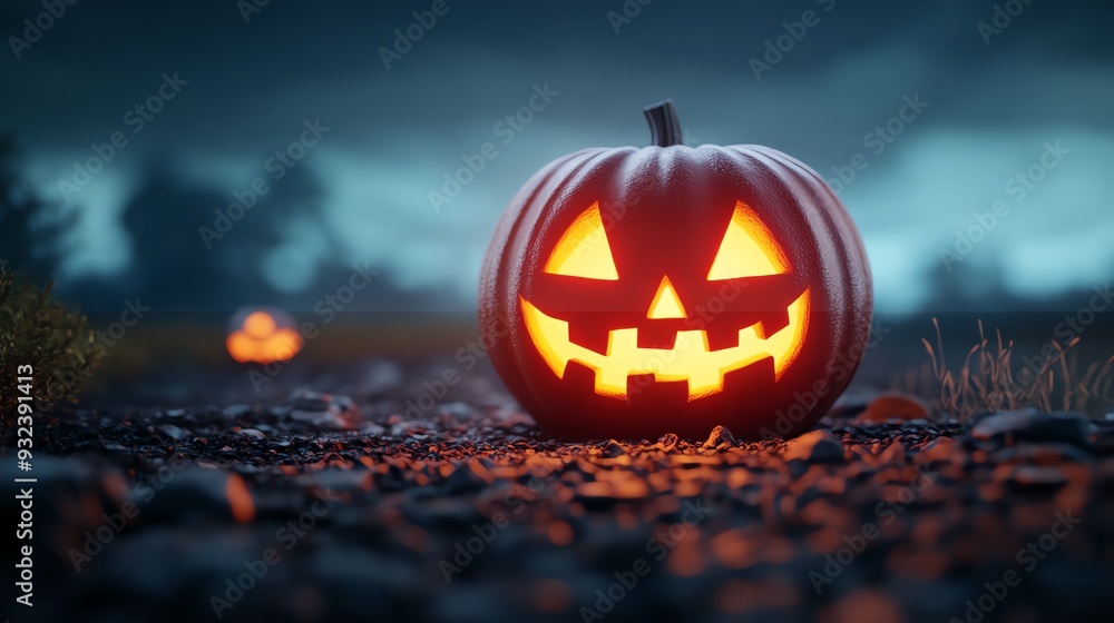 A glowing Halloween pumpkin rests on a dark, rocky ground under a moody sky, creating a spooky and festive atmosphere. A glowing Halloween pumpkin rests on a dark, rocky ground under a moody sky, creating a spooky and festive atmosphere.