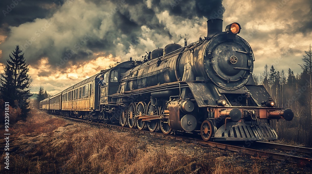 Naklejka premium A vintage steam locomotive pulls a train through a scenic landscape. The train is moving through a forest, with dramatic clouds