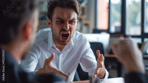 Boss's Rage: Flushed Cheeks and Intense Anger Directed at Employee's Incompetence, Creating Workplace Tension and Highlighting Leadership Strain