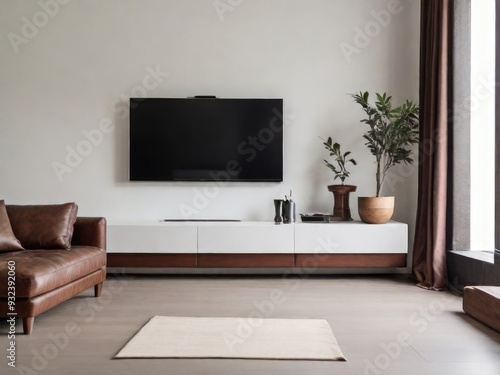 White wall mounted tv on cabinet in living room with leather sofa and minimal design