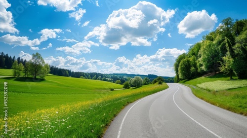 Vast Grasslands with a Winding Road, Capturing the Beauty of Nature and the Open Landscape Under a Clear Blue Sky