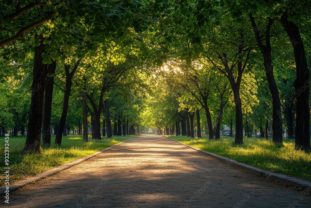 Sunlit path through trees in park. Perfect for nature, travel, or relaxation themes. Sunlit path through trees in park. Perfect for nature, travel, or relaxation themes.