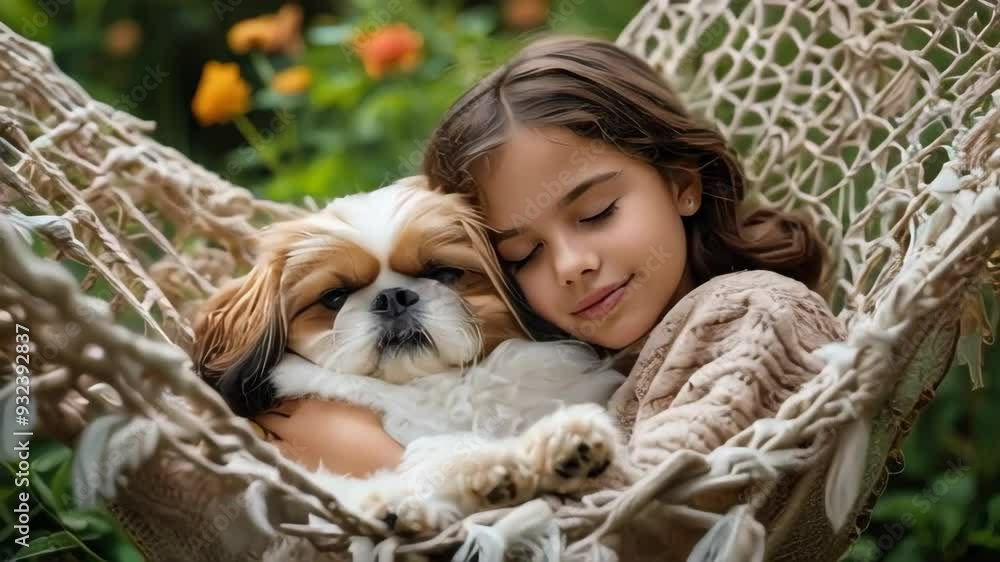 girl and dog napping in a hammock between two trees. girl and dog napping in a hammock between two trees.
